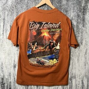 Harley Davidson Big Island Kona Hawaii Orange Shirt Hula Girl Logo Men's Large